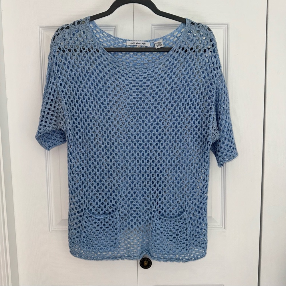 Eight Eight Eight Light Blue Metallic Crochet Woman’s top Medium coastal grandma